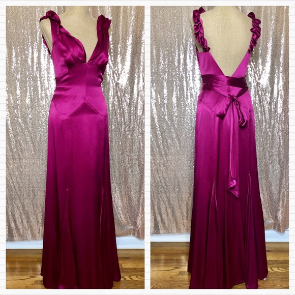🏷SOLD Magenta Pink Ruffle Silk Gown Floor Dress - Picture 4 of 9